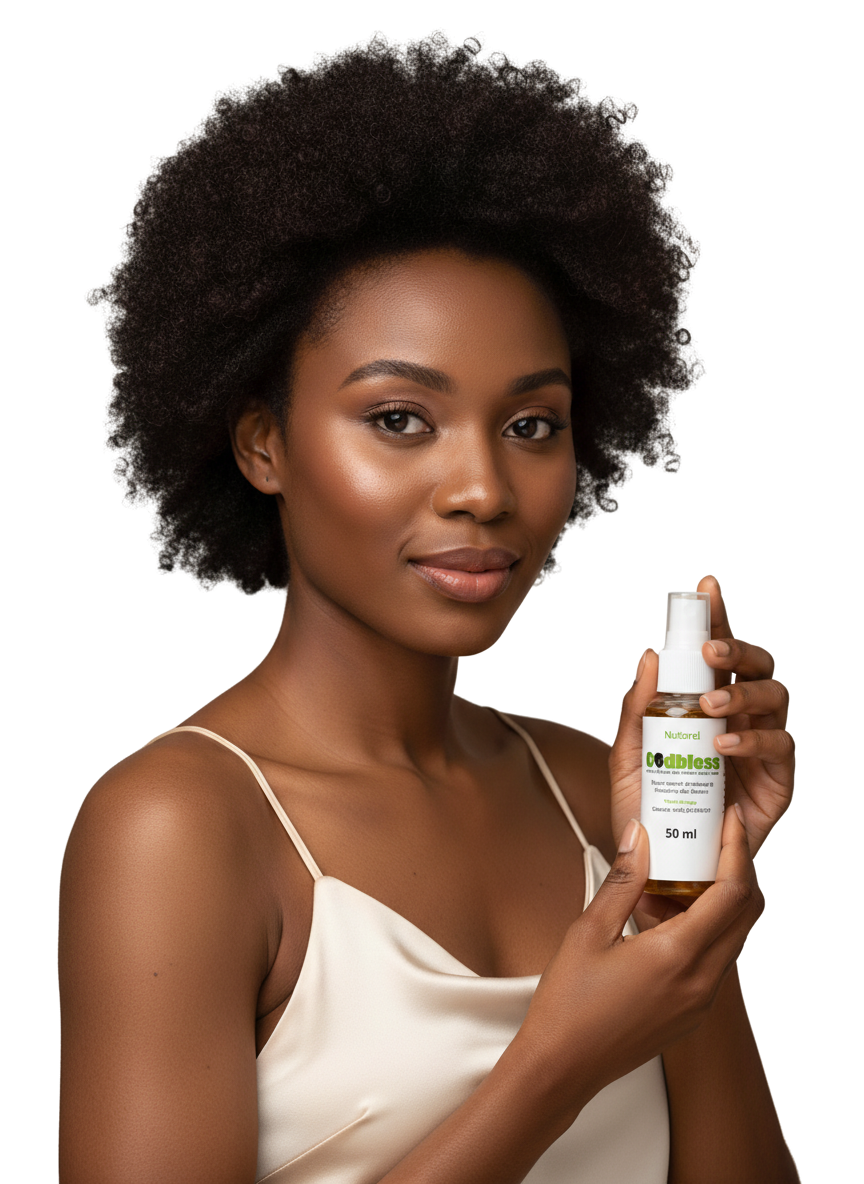 Femme présentant la bouteille d'huile capillaire Godbless